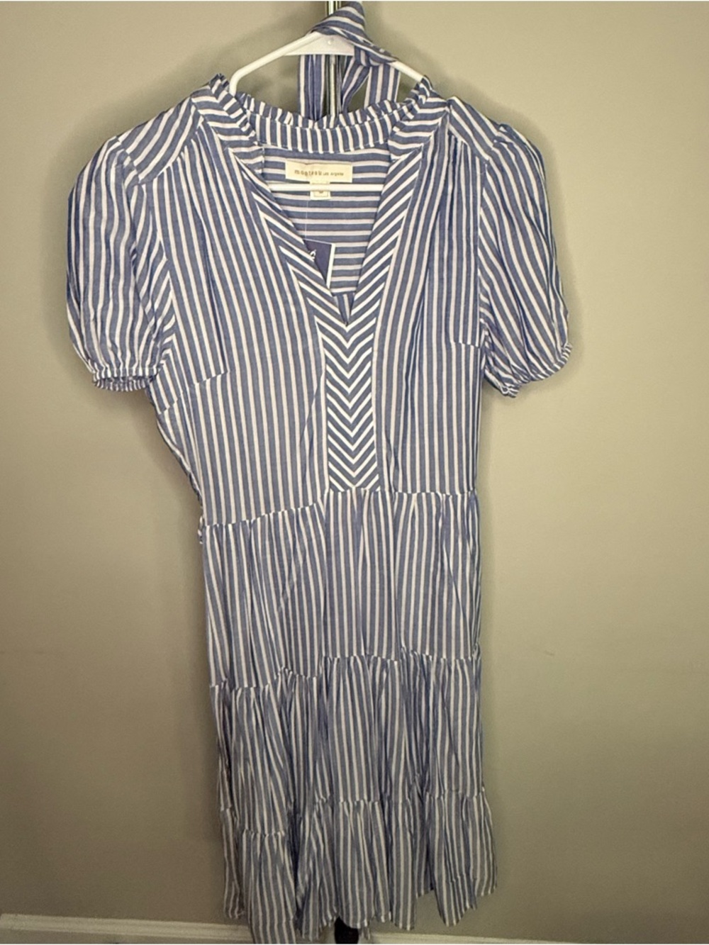 NWT Monteau Blue and White Striped V-Neck Tiered Midi Dress